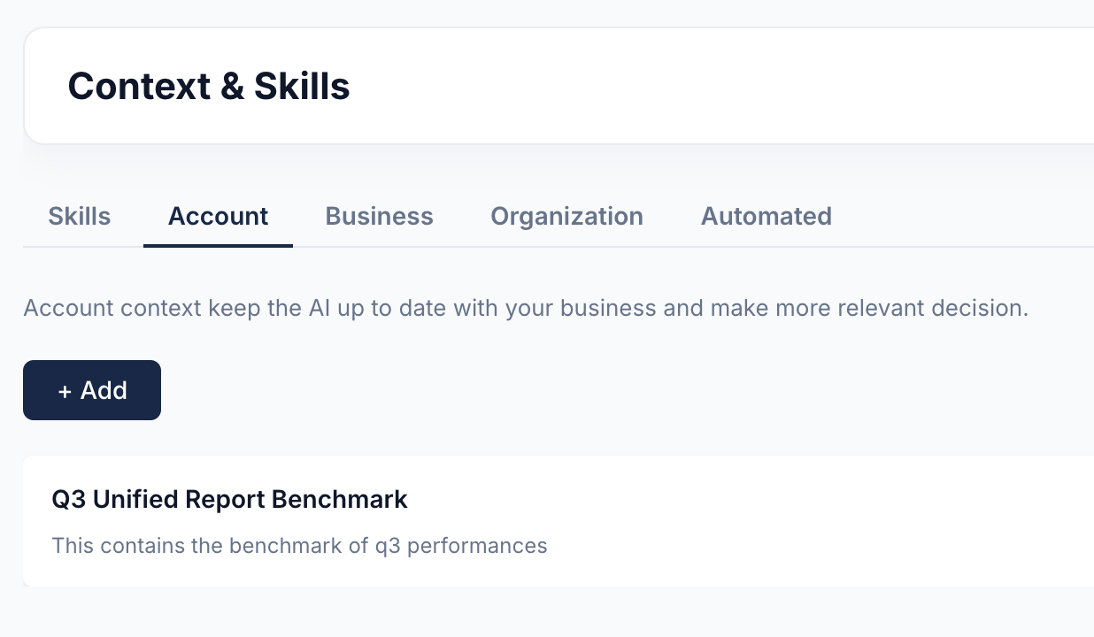 The Context & Skills panel in CognitiveUX.ai, showing account context the AI uses